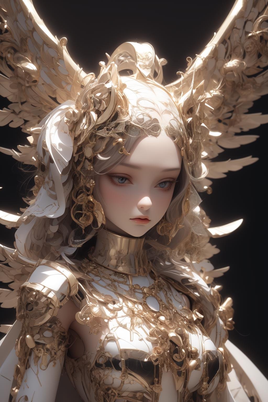 1girl, solo,heavenly beauty angel 3d model by ryan haura, in the style of futuristic organic, light gold and white, exquisite clothing detail, manticore, life-like avian illustrations, symmetrical compositions, contest winner, <lora:solorpunk_20230808131126-000010:0.6>,   <lora:BJD_20230729141309-000010:0.6> <lora:Egyptgodpunkv.4:0.4>, egyptgod palace background,