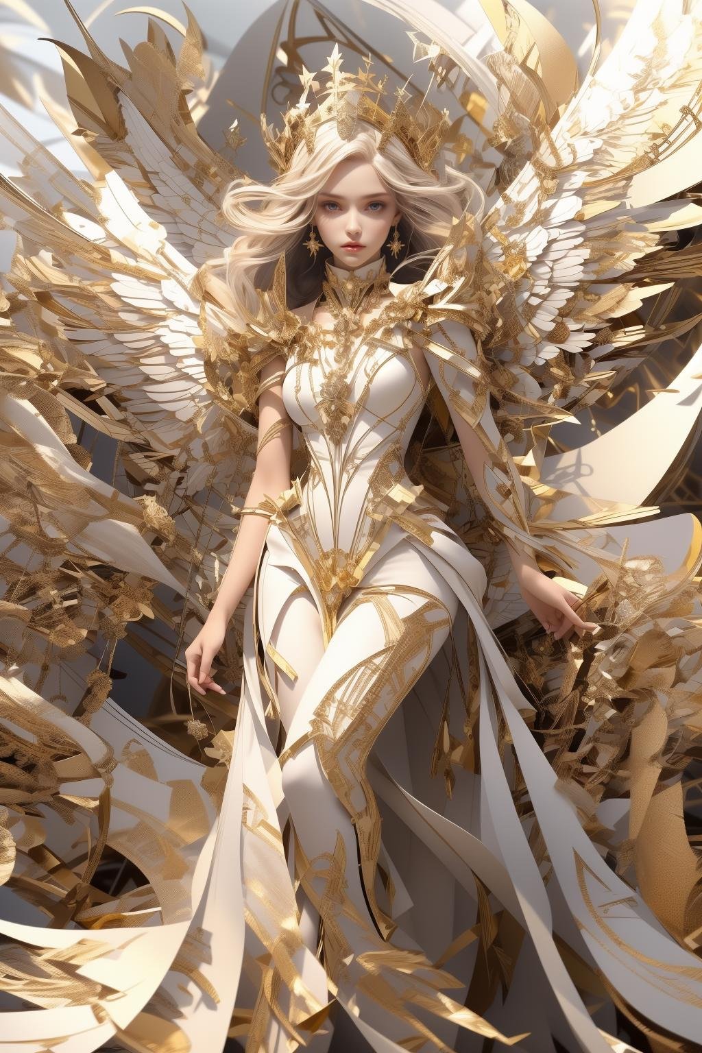 1girl, solo, a queen, white robe, golden scepter, white curtain,full body,an angelic female persona ft white wings and gold in the foreground, in the style of futuristic design, vray, intricate details, exquisite clothing detail, organic sculpting, life-like avian illustrations, celestialpunk, (symmetrical compositions), contest winner,  <lora:solorpunk_20230808131126-000010:0.5>,  <lora:BJD_20230729141309-000010:0.6>,  