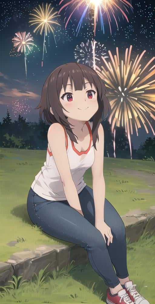 Megumin, 1girl, solo, sitting on grass, tank top, pants, sneakers, smile, looking up at sky, starry sky, ((fireworks exploding)), perfect quality, good quality, masterpiece, HDR, UHD <lora:Megumin:0.6>