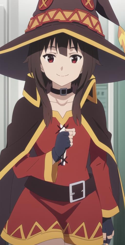 megumin, 1girl, solo, portrait, smile, confident, uneven legwear witch hat, choker, gloves, belt, red dress, cape, fingerless gloves, perfect quality, good quality, masterpiece, HDR, UHD <lora:Megumin:0.6>