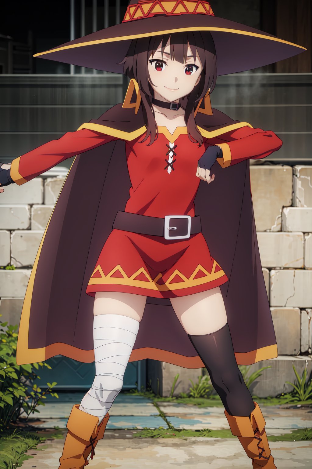 (masterpiece,  best quality), megumin,  1girl,  solo,  smile,  confident,  bandaged leg,  black thighhigh,  boots,  witch hat,  choker,  gloves,  belt,  red dress,  cape,  fingerless gloves, <lora:EMS-82089-EMS:0.800000>