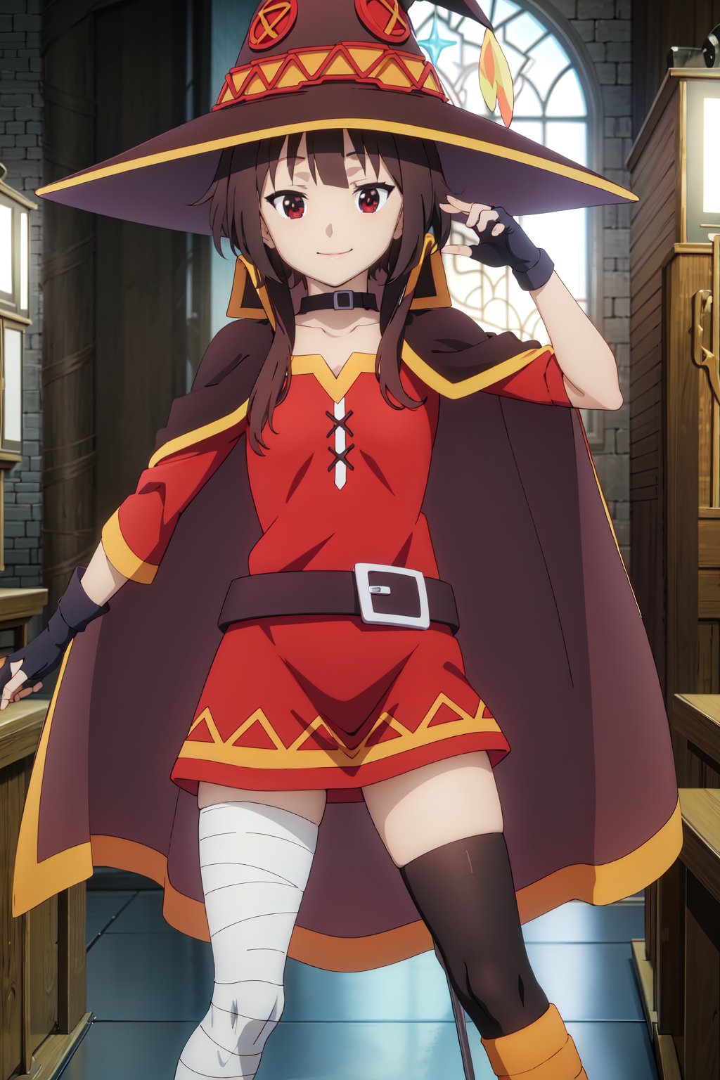 (masterpiece,  best quality), megumin,  1girl,  solo,  smile,  confident,  bandaged leg,  black thighhigh,  witch hat,  choker,  gloves,  belt,  red dress,  cape,  fingerless gloves, <lora:EMS-82089-EMS:0.800000>