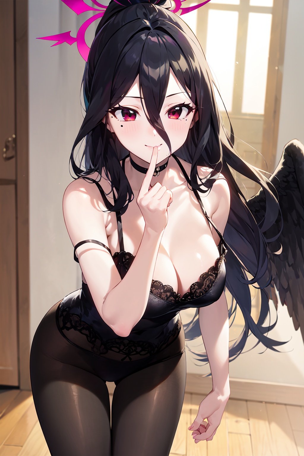 (masterpiece:1.2),best quality,PIXIV,who,1girl, breasts, solo, long hair, hasumi (blue archive), halo, red eyes, black hair, looking at viewer, large breasts, choker, hair between eyes, wings, cleavage, very long hair, mole, mole under eye, black choker, underwear, indoors, leaning forward, black wings, smile, ponytail, collarbone, bangs, bare shoulders, strap slip, blush, low wings, closed mouth, hand to own mouth, lace trim, cowboy shot, pantyhose