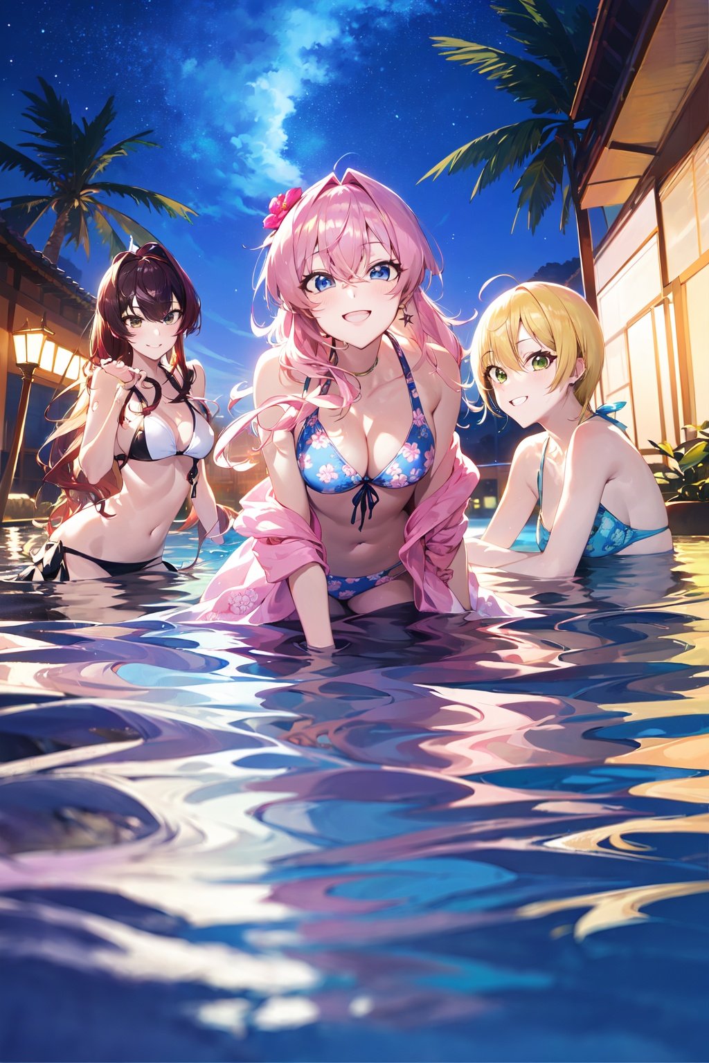 (masterpiece:1.2),best quality,PIXIV,who,miyamoto frederica,hayami kanade,swimsuit,bikini,multiple girls,breasts,palm tree,ichinose shiki,tree,smile,night,jougasaki mika,sky,bangs,pink hair,long hair,looking at viewer,5girls,blonde hair,yellow eyes,green eyes,cup,blue eyes,flower,shiomi syuko,night sky,short hair,outdoors,parted bangs,open mouth,hair ornament,medium breasts,navel,hair flower,ahoge,hair between eyes,black bikini,water,blush,drinking glass,brown hair,jewelry,cleavage,v,blue bikini,partially submerged,bare shoulders,nail polish,wading,black hair,star (sky),ball,pool,collarbone,large breasts,holding cup,o-ring,:d,open clothes,starry sky,white bikini,standing,drinking straw,off shoulder,striped bikini,grin,floral print,wavy hair,earrings,braid,eyelashes,holding,pink nails,pink bikini,beachball,