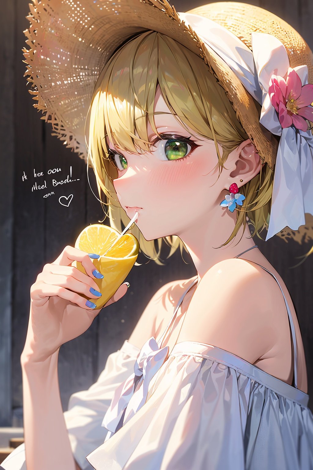 (masterpiece:1.2),best quality,PIXIV,Sweet girl portrait,1girl,lemon,solo,lemon slice,hat,jewelry,blonde hair,earrings,cup,looking at viewer,flower,fruit,holding,bow,food,green eyes,bangs,bare shoulders,food-themed earrings,holding cup,drinking glass,white headwear,nail polish,polka dot,hat bow,off shoulder,short hair,white flower,blush,striped bow,portrait,english text,bubble,flower earrings,plaid,upper body,from side ,<lora:Sweet girl portrait_20231030170647-000016:1>,