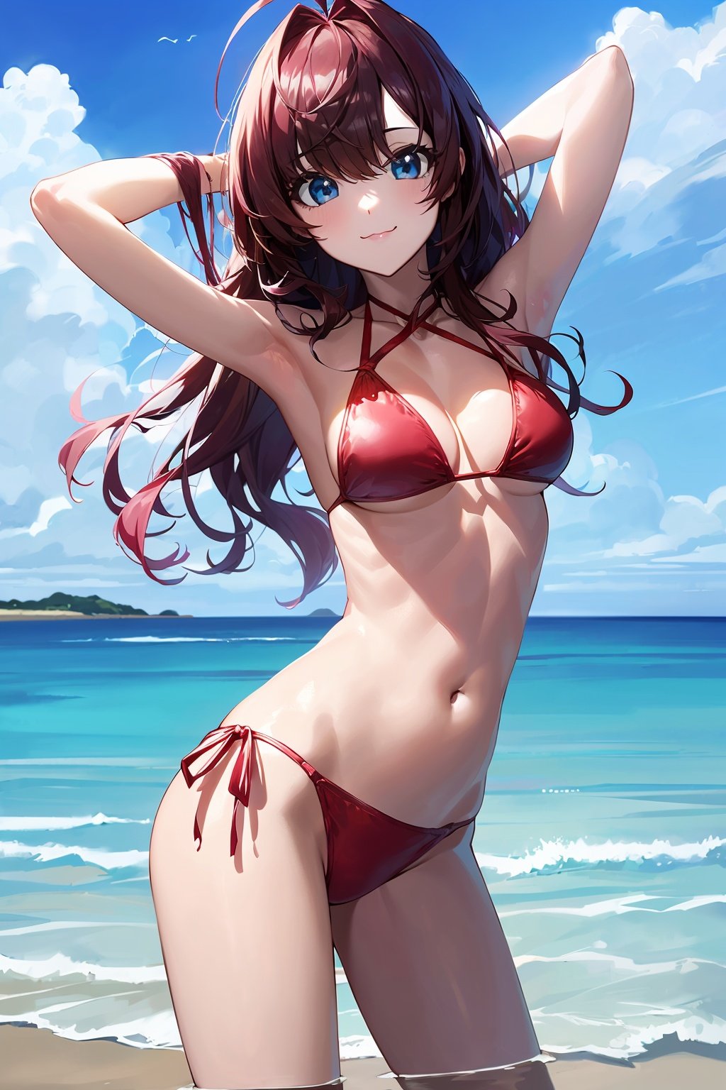 (masterpiece:1.2),best quality,PIXIV,anime,who,1girl,ichinose shiki,solo,swimsuit,bikini,breasts,red bikini,long hair,blue eyes,day,side-tie bikini bottom,sky,outdoors,navel,ocean,brown hair,looking at viewer,ahoge,smile,string bikini,cloud,medium breasts,armpits,wavy hair,blue sky,beach,arms up,halterneck,cowboy shot,cleavage,bangs,arms behind head,contrapposto,standing,:3,water,