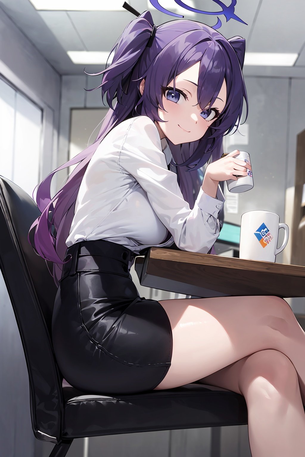 (masterpiece:1.2),best quality,PIXIV,anime,who,1girl, yuuka (blue archive), crossed legs, skirt, solo, shirt, halo, breasts, sitting, long hair, looking at viewer, purple hair, cup, two side up, white shirt, id card, black skirt, thighs, mug, large breasts, holding, chair, indoors, smile, bangs, closed mouth, office lady, long sleeves, miniskirt, purple eyes, blue eyes, pencil skirt, from side, collared shirt, feet out of frame, head rest, holding cup, lanyard, parted bangs, hair ornament, coffee mug