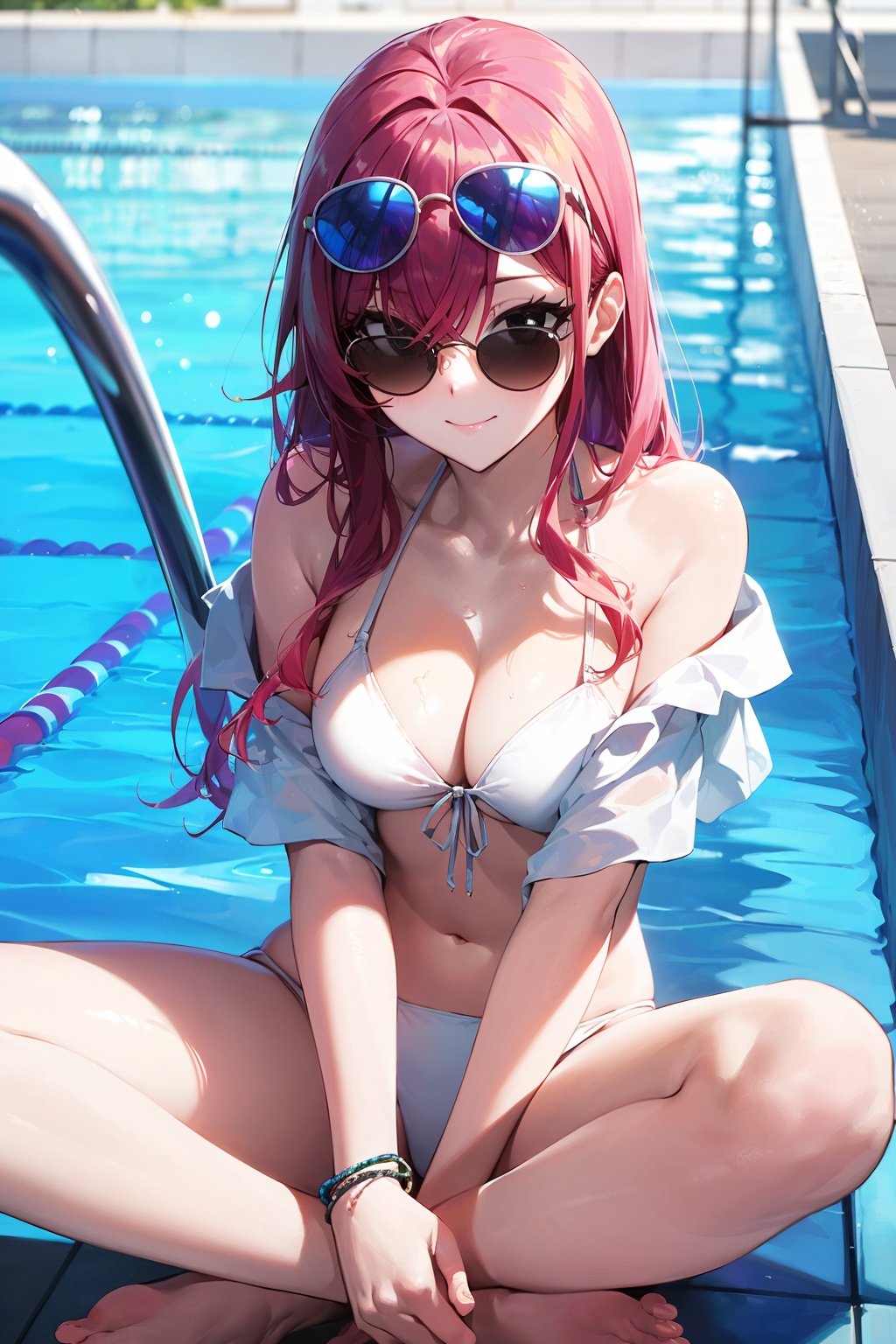 (masterpiece:1.2),best quality,PIXIV,arisugawa natsuha, 1girl, breasts, swimsuit, bikini, long hair, sunglasses, white bikini, navel, eyewear on head, solo, looking at viewer, red hair, smile, cleavage, halterneck, jewelry, bracelet, medium breasts, black eyes, water, bare shoulders, sitting, thighs, bangs, pool, closed mouth, barefoot, off shoulder, blush, collarbone