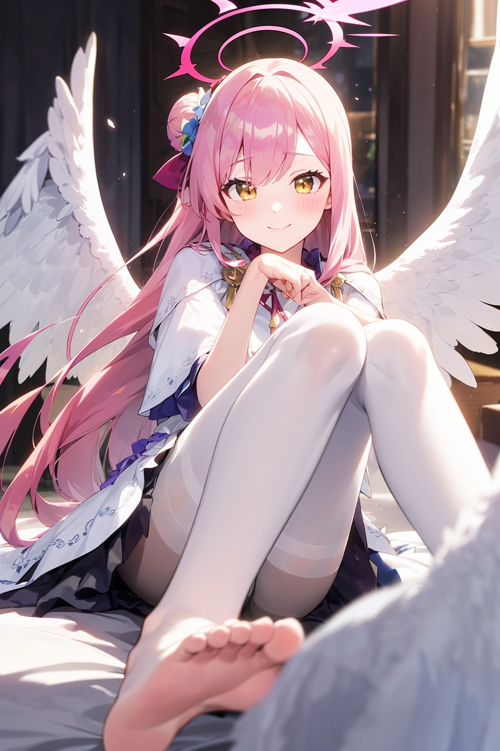 (masterpiece:1.2),best quality,PIXIV,anime,who,1girl,mika (blue archive),solo,wrist scrunchie,halo,pink hair,scrunchie,long hair,single side bun,looking at viewer,sitting,wings,dress,white pantyhose,hair ornament,yellow eyes,pantyhose,hair bun,flower,blurry,white dress,hair flower,white wings,bangs,capelet,feet,depth of field,indoors,blush,foreshortening,toes,very long hair,blurry background,white capelet,feathered wings,low wings,barefoot,smile,angel wings,light particles,frills,