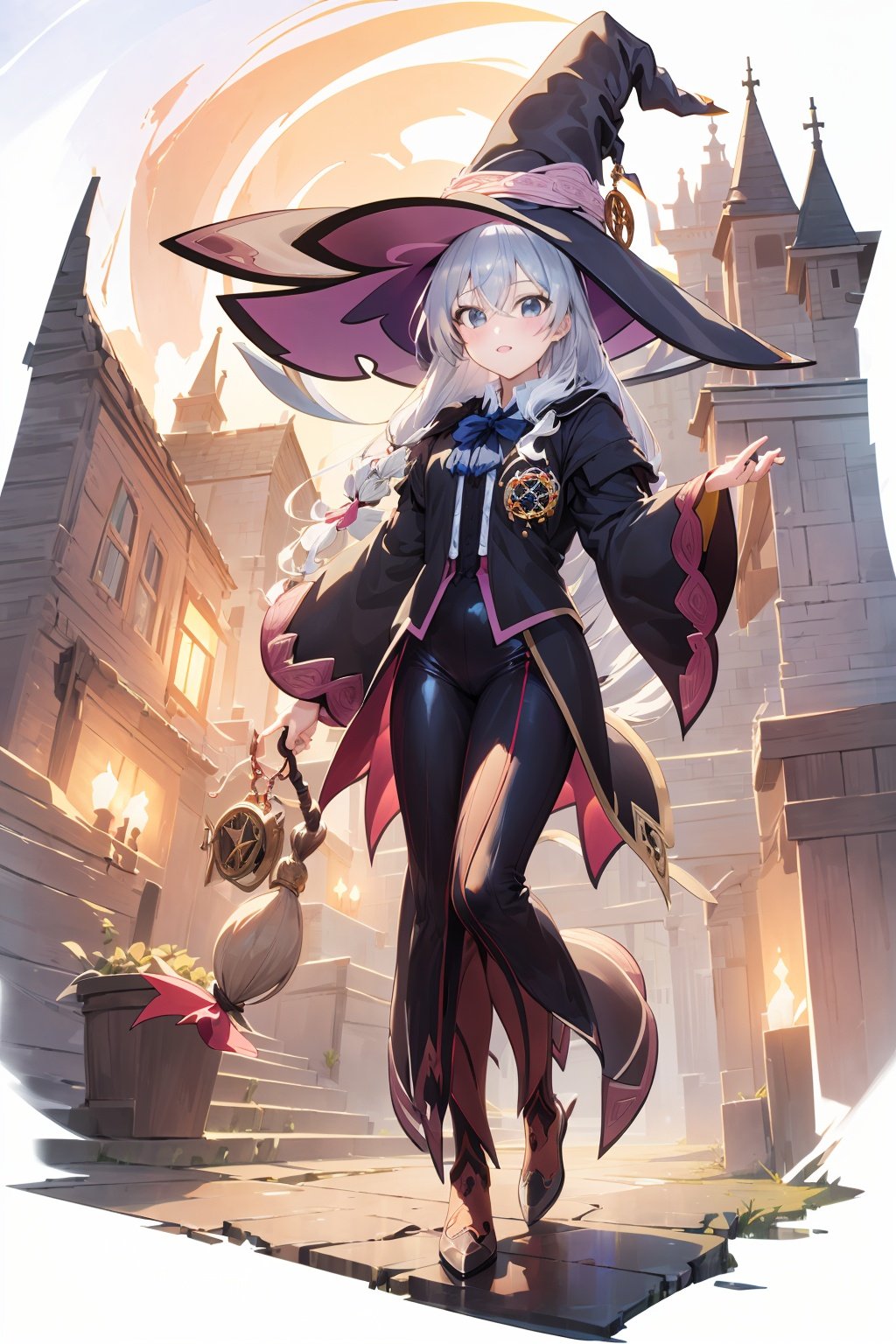 [(white background:1.5)::5],(full body:1.2),(((masterpiece))),(((best quality))),(((extremely detailed))),illustration,from below,who,fantasy,fantasy world,castle,medieval,full body,1girl,Elaina,white hair,huge Silly hair,witch hat,<lora:立绘:0.8>,