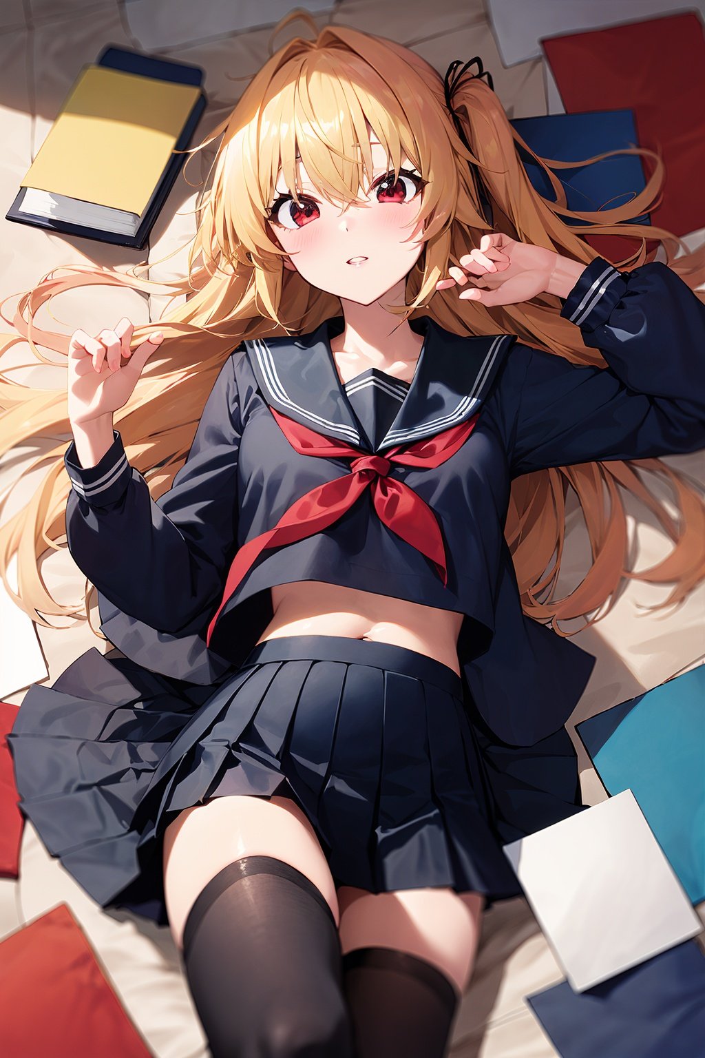 (masterpiece:1.2),best quality,PIXIV,1girl, solo, skirt, thighhighs, long hair, on back, school uniform, serafuku, lying, book, black skirt, black thighhighs, looking at viewer, red eyes, shirt, holding, long sleeves, red ribbon, pleated skirt, black serafuku, black shirt, ribbon, parted lips, sailor collar, neckerchief, brown hair, red neckerchief, bangs, holding book, black sailor collar, blush, hair spread out, feet out of frame, midriff peek, hair between eyes, blonde hair