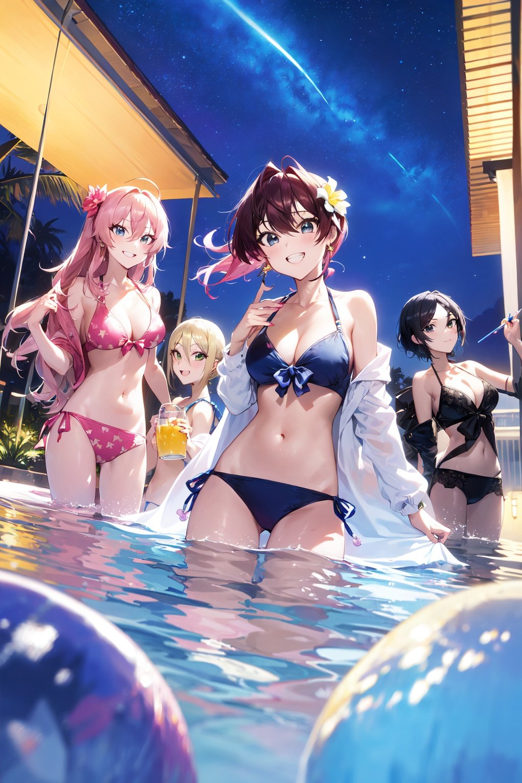 (masterpiece:1.2),best quality,PIXIV,who,miyamoto frederica, hayami kanade, swimsuit, bikini, multiple girls, breasts, palm tree, ichinose shiki, tree, smile, night, jougasaki mika, sky, bangs, pink hair, long hair, looking at viewer, 5girls, blonde hair, yellow eyes, green eyes, cup, blue eyes, flower, shiomi syuko, night sky, short hair, outdoors, parted bangs, open mouth, hair ornament, medium breasts, navel, hair flower, ahoge, hair between eyes, black bikini, water, blush, drinking glass, brown hair, jewelry, cleavage, v, blue bikini, partially submerged, bare shoulders, nail polish, wading, black hair, star (sky), ball, pool, collarbone, large breasts, holding cup, o-ring, :d, open clothes, starry sky, white bikini, standing, drinking straw, off shoulder, striped bikini, grin, floral print, wavy hair, earrings, braid, eyelashes, holding, pink nails, pink bikini, beachball