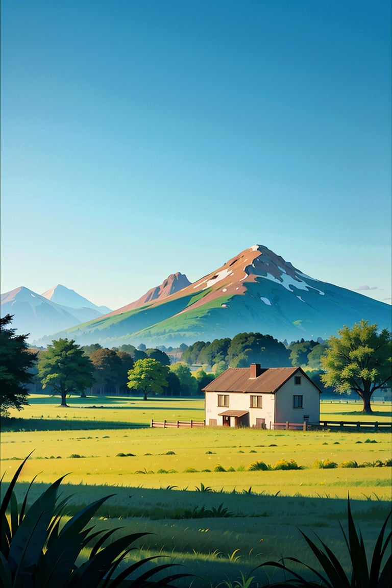 (best quality,4k,8k,highres,masterpiece:1.2),ultra-detailed,realistic,shadow flat vector art, minimalism,outdoors,grass,scenery,mountain,day,tree,blue sky,house