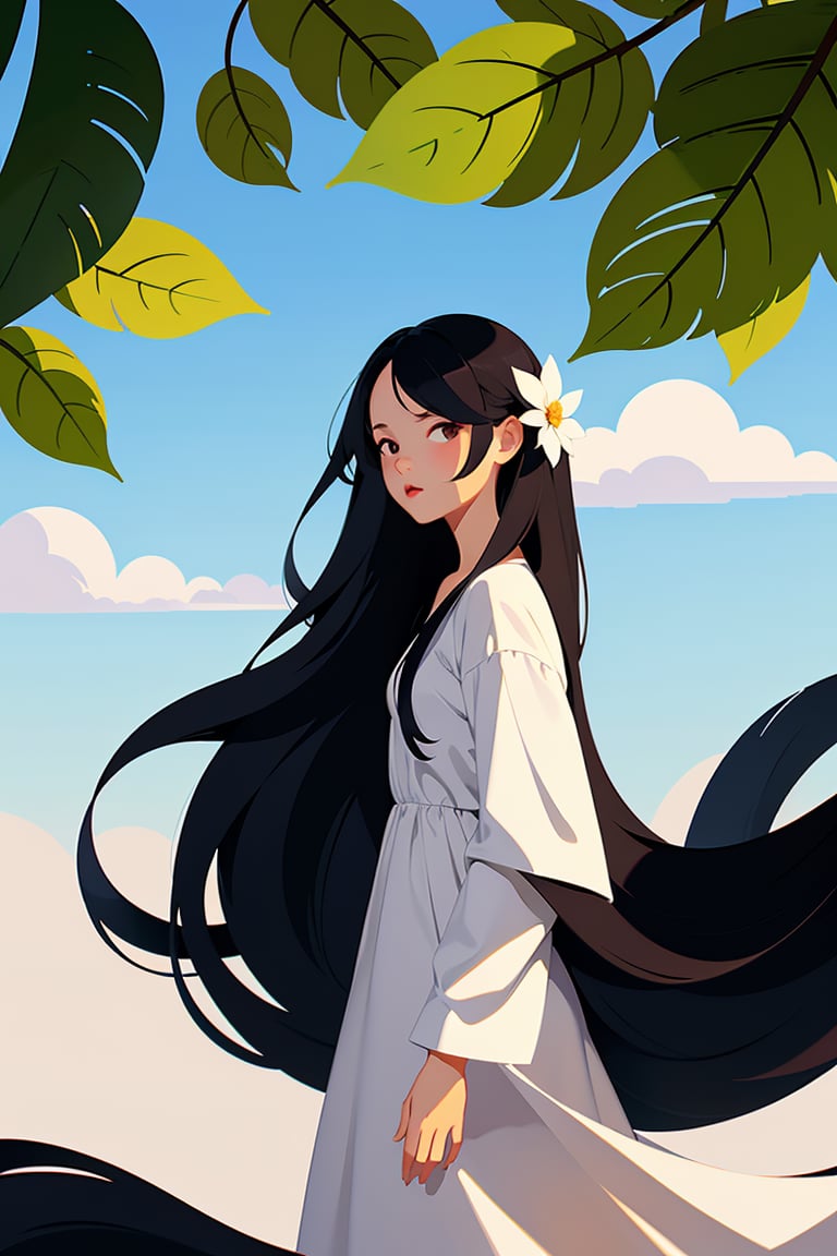 shadow flat vector art,masterpiece,best quality,1girl,couple, plant, long hair, dress, wide shot, white dress, cloud, flower, black hair, leaf, profile, sky, outdoors,  flower, bird