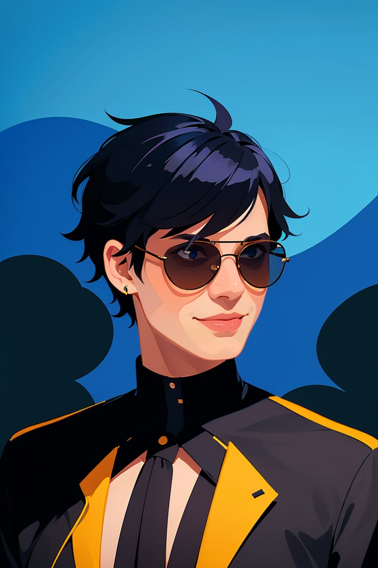 shadow flat vector art, 1man,male focus,solo,sunglasses,earrings,smile,short hair,blue background,black hair