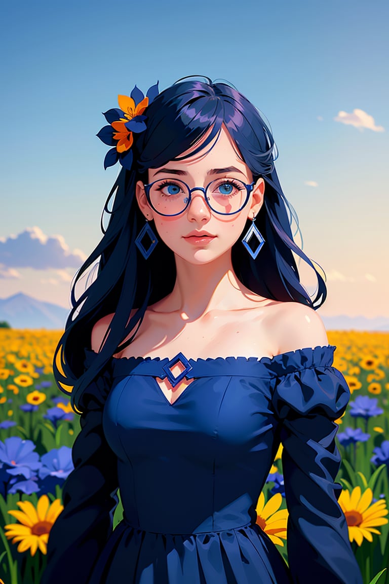 shadow flat vector art, masterpiece, best quality, portrait, girl, blue dress, hair flower, flower field, glasses, freckles,  blue sky, sunset, earrings, Cinematic light, intricate detail,  illustration, intricate eyes, perfect face, happy, 
highres, absurdres, 8K