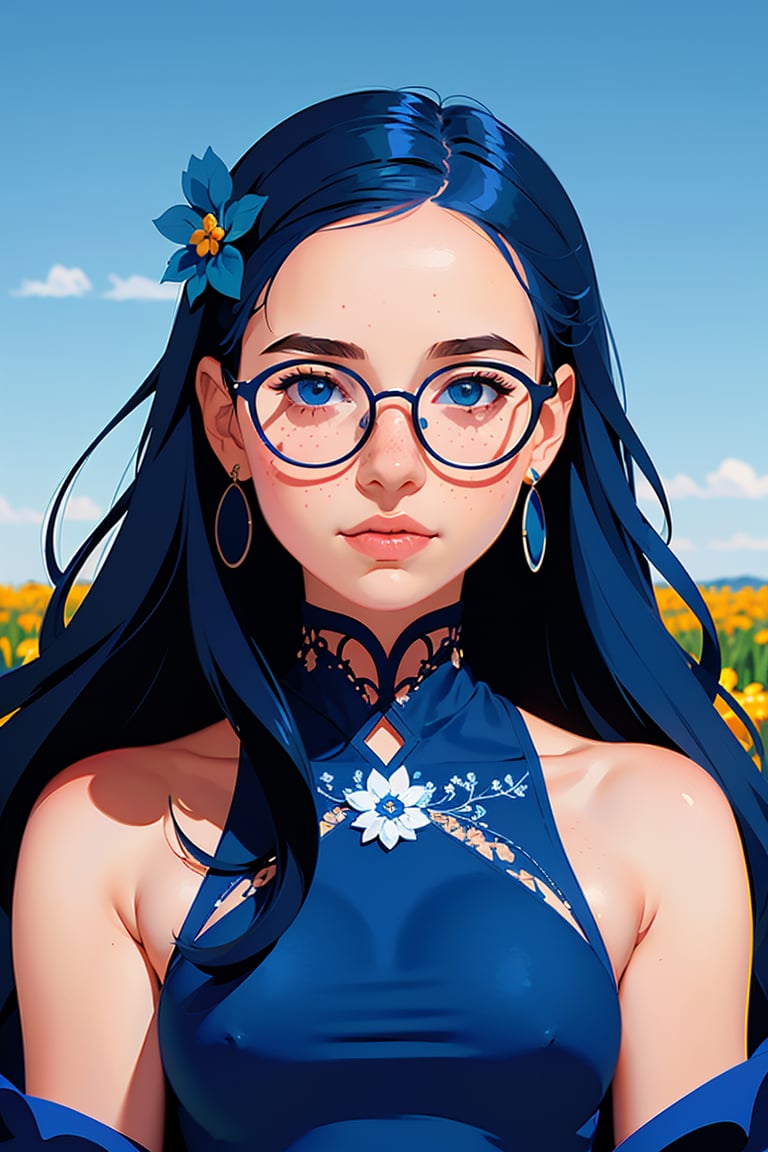 shadow flat vector art, masterpiece, best quality, portrait, girl, blue dress, hair flower, flower field, glasses, freckles,  blue sky, sunset, earrings, Cinematic light, intricate detail,  illustration, intricate eyes, perfect face, happy, 
highres, absurdres, 8K