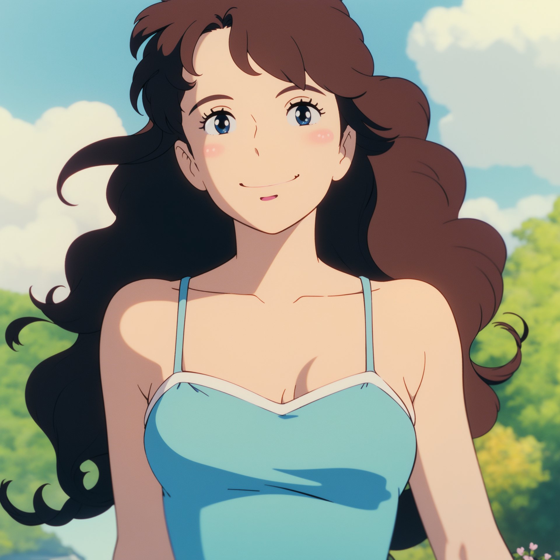 ghibli,1girl, lady,camisole, blue sky, wind, long curly hair, smile, (masterpiece,best quality:1.5)