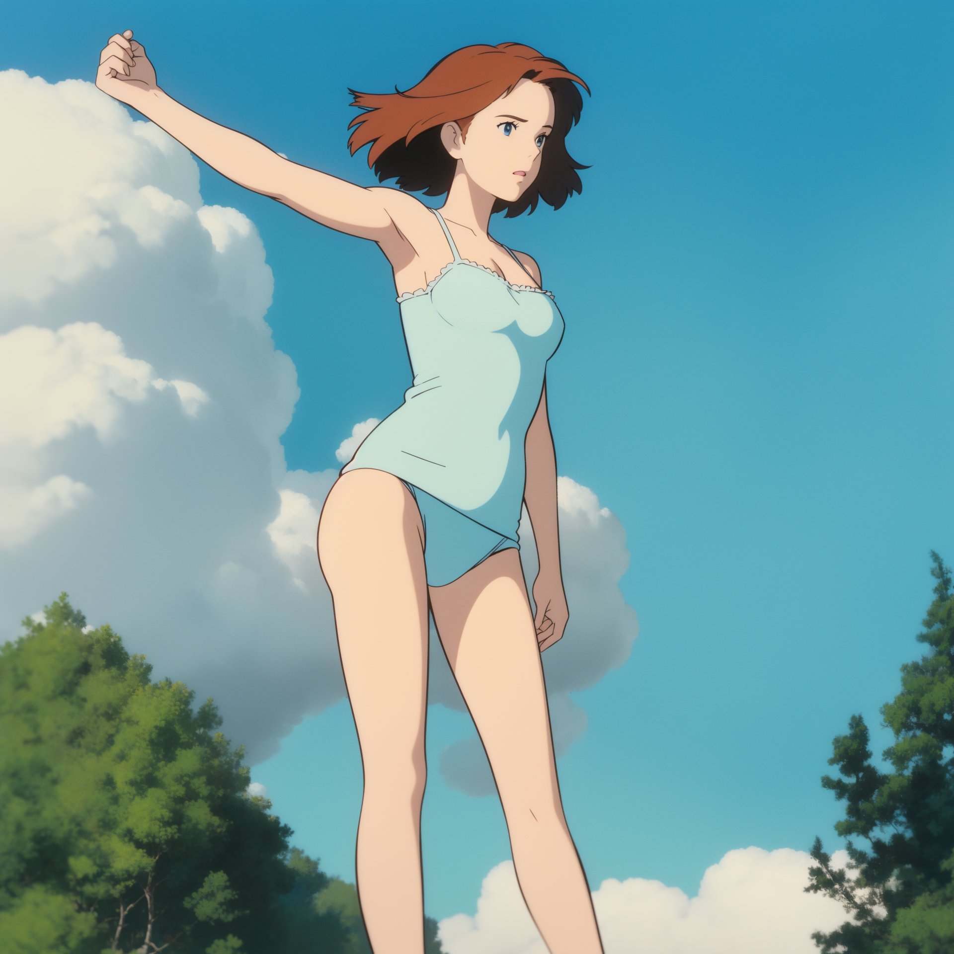 ghibli,1girl, lady, cleavage, camisole,blue sky, wind,(masterpiece,best quality:1.5)