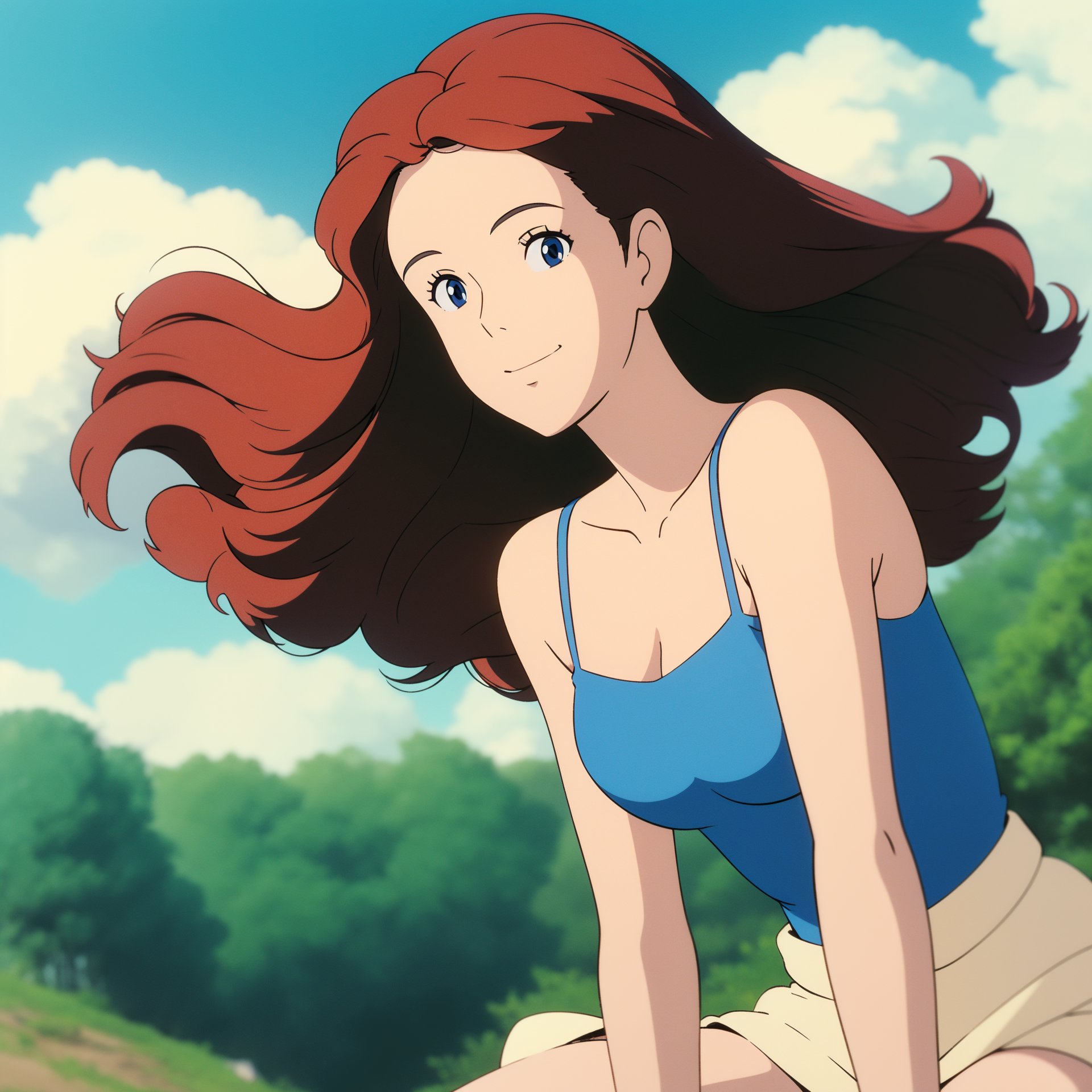 ghibli,1girl, lady,camisole, blue sky, wind, long curly hair, smile, (masterpiece,best quality:1.5)