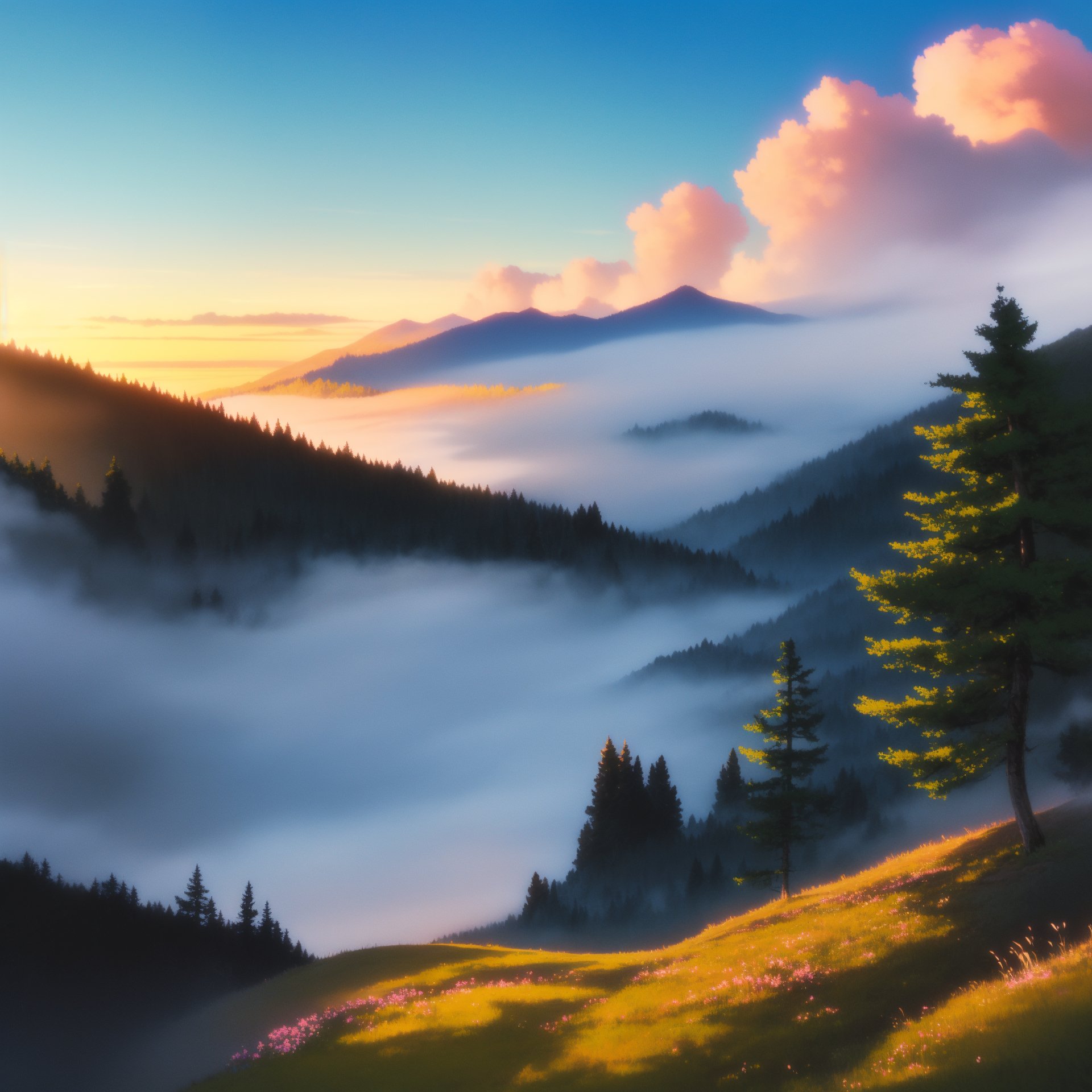 ghibli,Scenery of sunrise, mountains, forest, sky, clouds, fog(masterpiece,best quality:1.5)