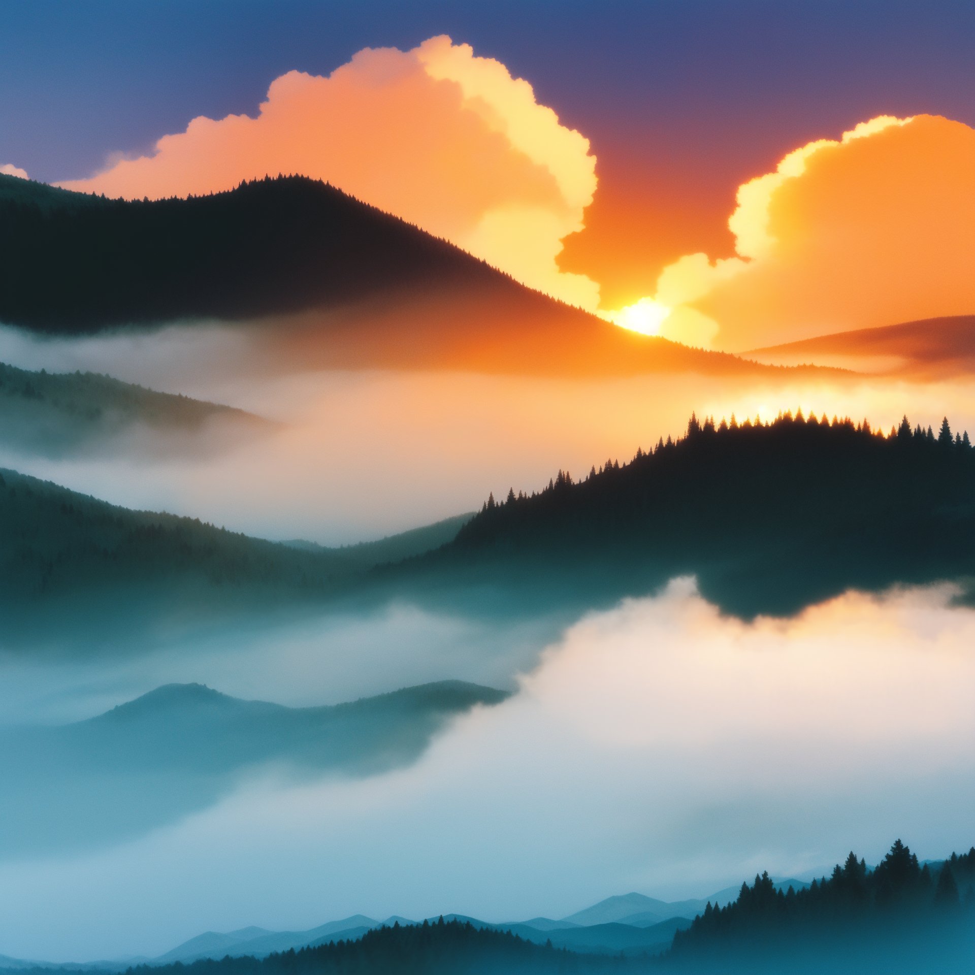 ghibli,Scenery of sunrise, mountains, forest, sky, clouds, fog(masterpiece,best quality:1.5)