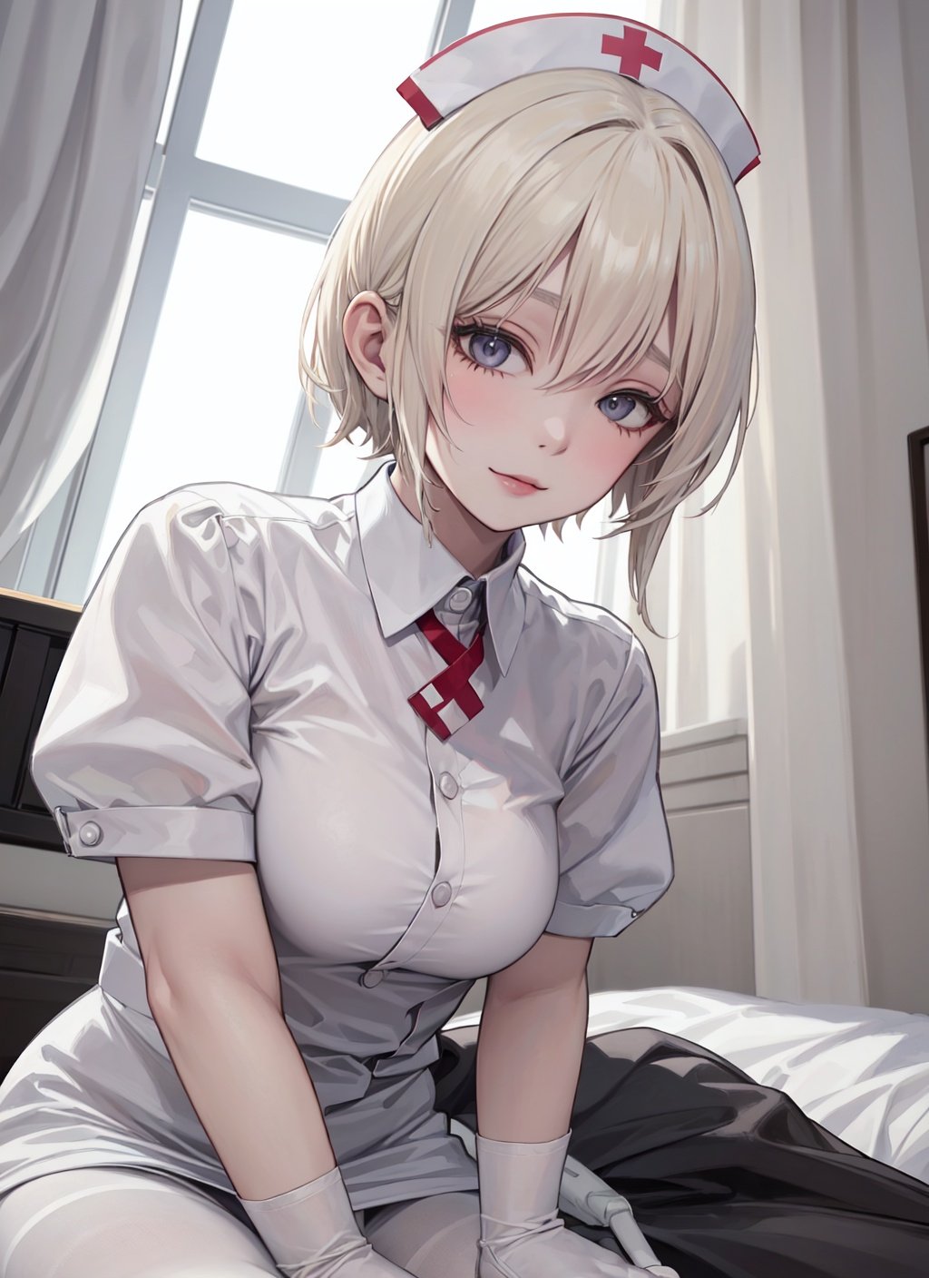 1girl,best quality,masterpiece,Fair skin,upper body,platinum blonde hair,in the room,facing_viewer,nurse,hospital,white_pantyhose,seiza,Upward viewing angle,yokozuwari,