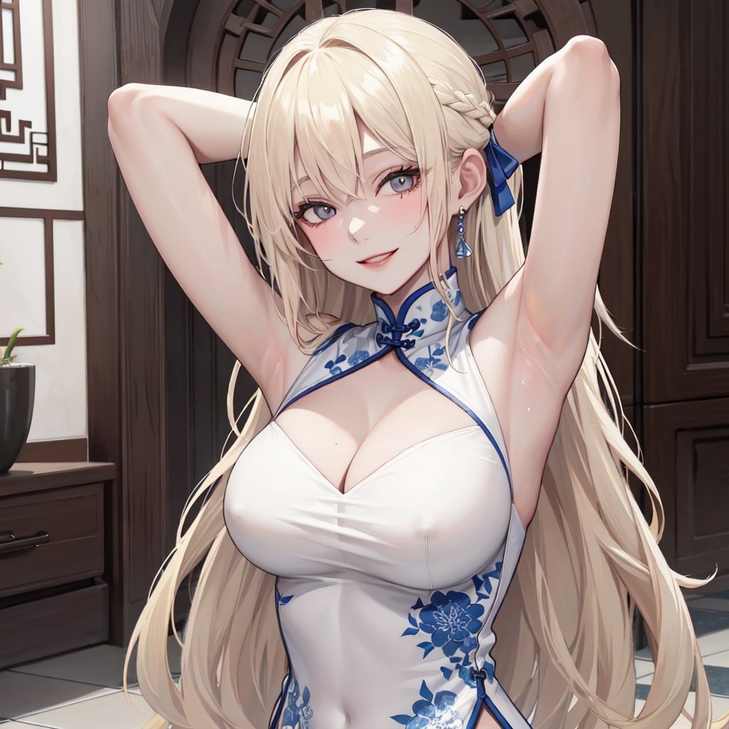 1girl,best quality,masterpiece,Fair skin,upper body,platinum blonde hair,smile,in the room,tile_floor,shorts,facing_viewer,arms up,Exposing the armpitseiza,long hair,china_dress,china_dress,chinese_style,