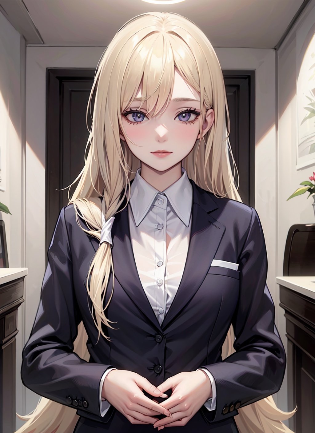 1girl,best quality,masterpiece,Fair skin,upper body,platinum blonde hair,long hair,business_suit,homu,