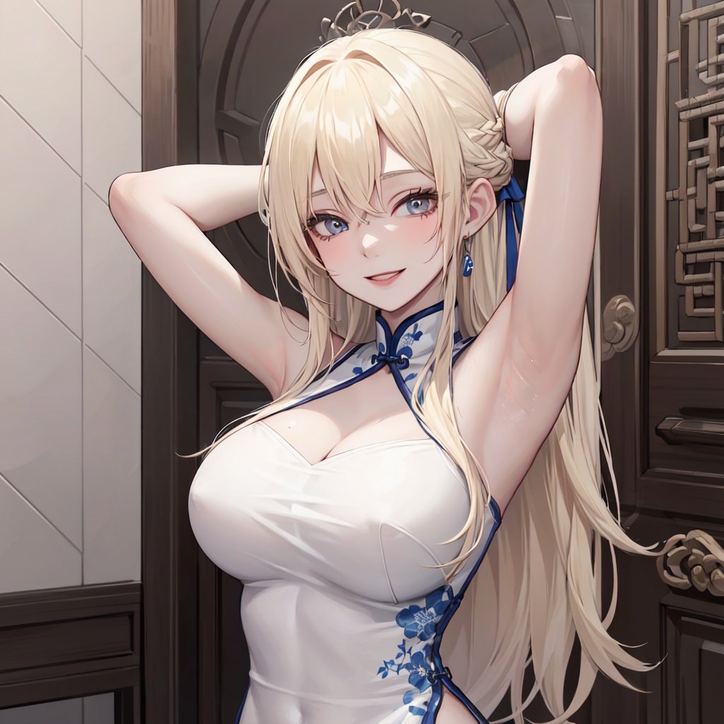 1girl,best quality,masterpiece,Fair skin,upper body,platinum blonde hair,smile,in the room,tile_floor,shorts,facing_viewer,arms up,Exposing the armpitseiza,long hair,china_dress,china_dress,chinese_style,