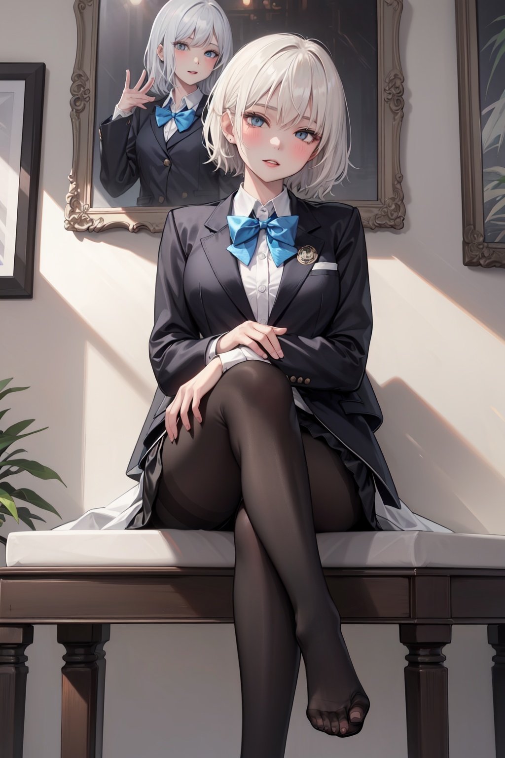 1girl,solo,pantyhose,crossed legs,no shoes,white hair,looking at viewer,sitting,long sleeves,blue eyes,indoors,black pantyhose,short hair,feet,bangs,bow,black jacket,open clothes,skirt,frills,jacket,legs,parted lips,blush,shirt,bowtie,white shirt,blue bow,open jacket,(black skirt:1.4),picture frame,painting (object),blue bowtie,looking from bottom to top,