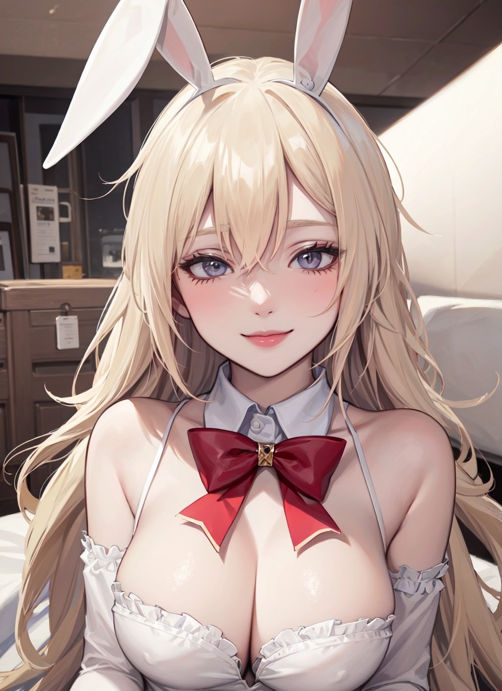 1girl,best quality,masterpiece,Fair skin,upper body,platinum blonde hair,bunny_costume,seductive smile,facing_viewer,incoming gift,