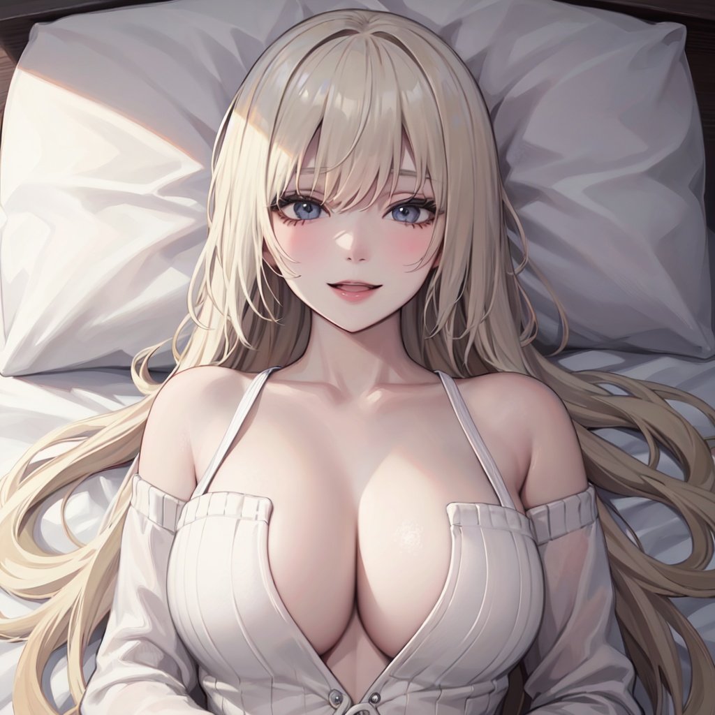 1girl,best quality,masterpiece,Fair skin,upper body,virgin_killer_sweater,platinum blonde hair,long hair,hair twirling,happy,on_bed,