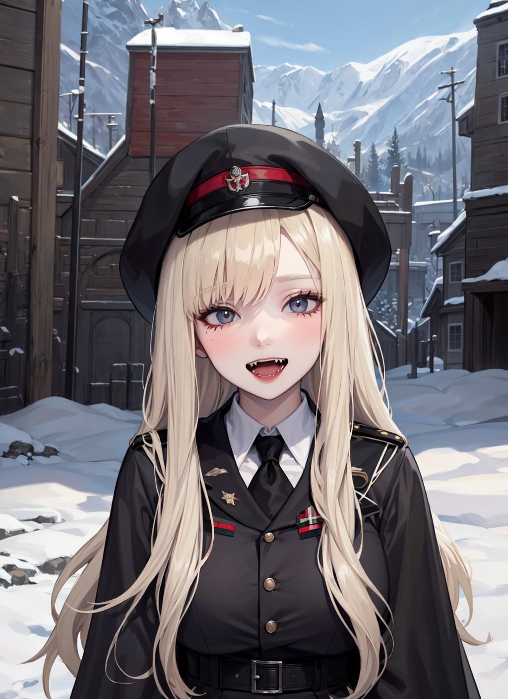 1girl,best quality,masterpiece,Fair skin,upper body,platinum blonde hair,long hair,facing_viewer,camo costume,camouflage pattern,military-inspired,outdoor adventure,dracula costume,black cape,fangs,vampire-themed event,