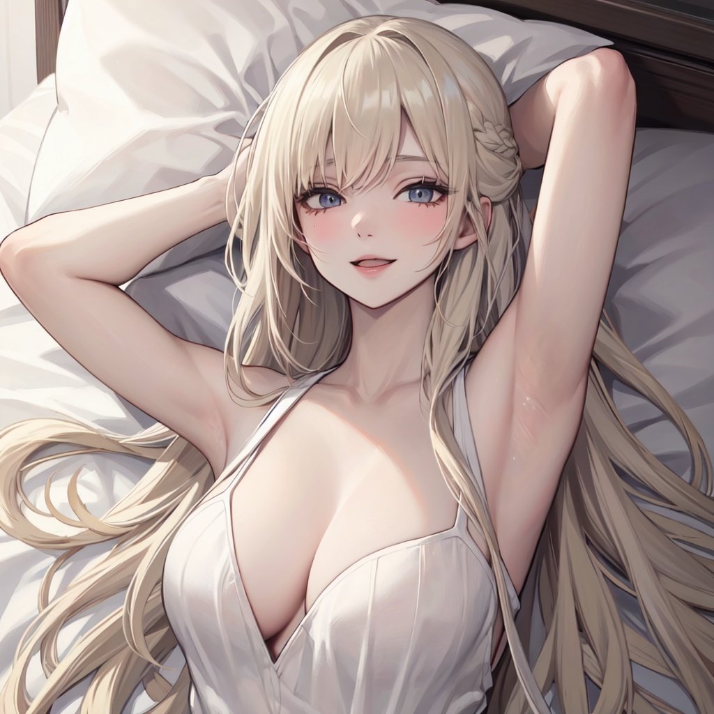 1girl,best quality,masterpiece,Fair skin,upper body,virgin_killer_sweater,platinum blonde hair,long hair,hair twirling,happy,on_bed,