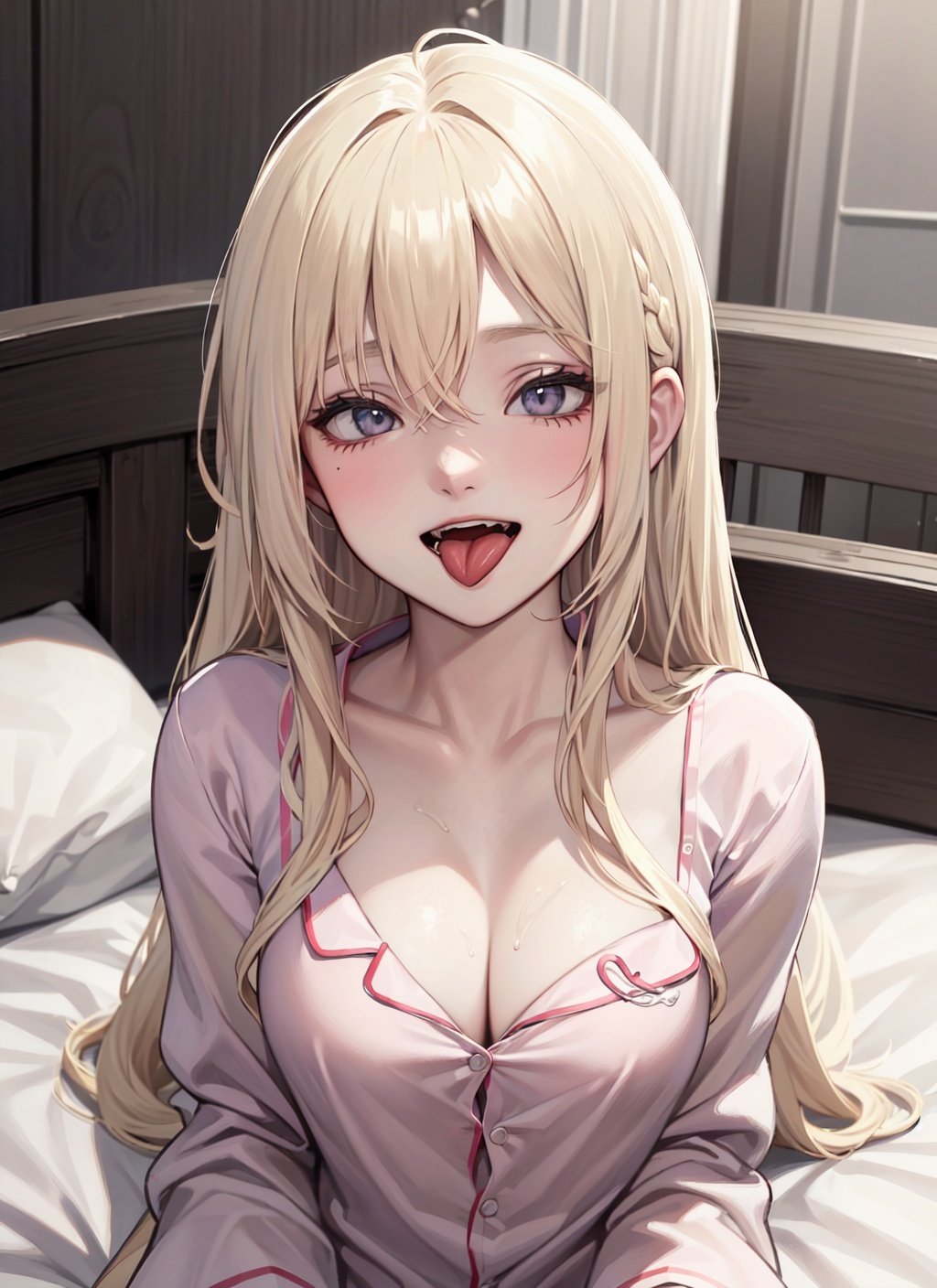 1girl,best quality,masterpiece,Fair skin,upper body,pajamas,platinum blonde hair,long hair,bed,uvula,tongue out,open mouth,crazy smile,