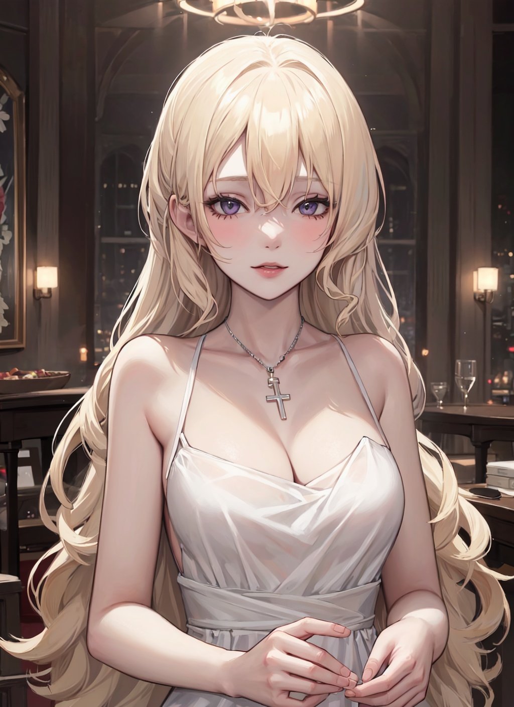 1girl,best quality,masterpiece,Fair skin,upper body,platinum blonde hair,facing_viewer,evening_gown,banquet,curly hair,wavy hair,homu,(hair tucking:1),