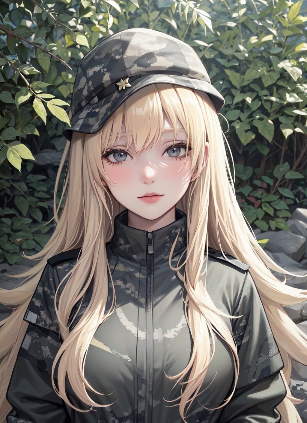 1girl,best quality,masterpiece,Fair skin,upper body,platinum blonde hair,long hair,facing_viewer,camo costume,camouflage pattern,military-inspired,outdoor adventure,