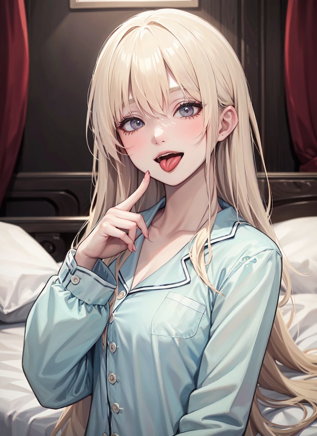 1girl,best quality,masterpiece,Fair skin,upper body,pajamas,platinum blonde hair,long hair,bed,uvula,tongue out,open mouth,crazy smile,tongue,finger in another's mouth,parted lips,