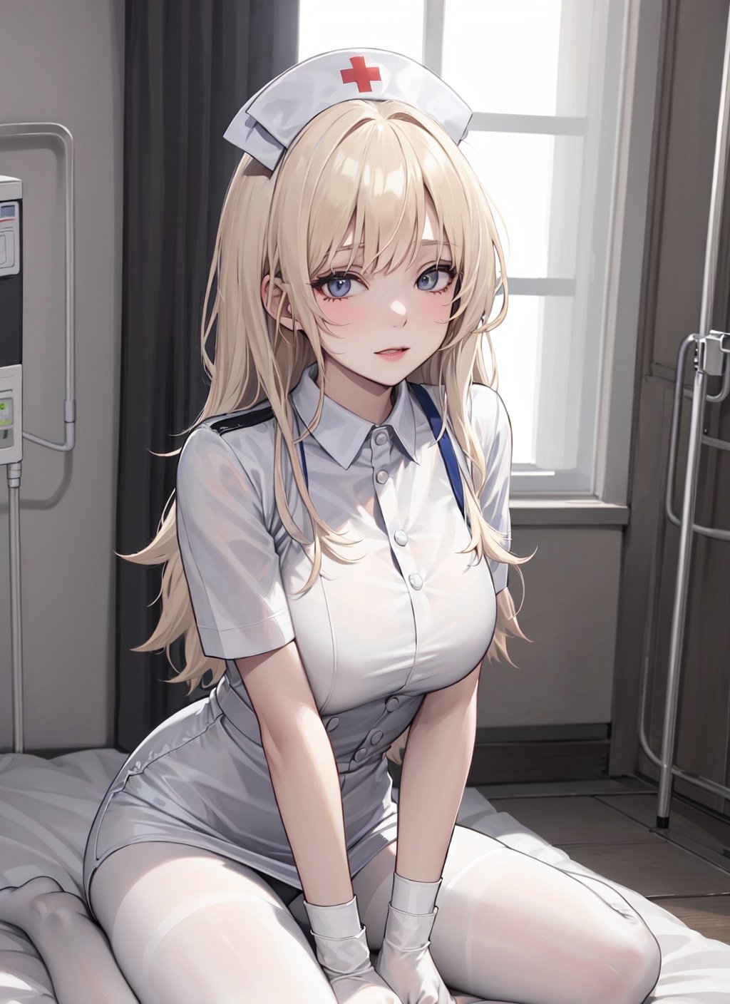 1girl,best quality,masterpiece,Fair skin,upper body,platinum blonde hair,in the room,facing_viewer,nurse,hospital,white_pantyhose,seiza,Upward viewing angle,yokozuwari,