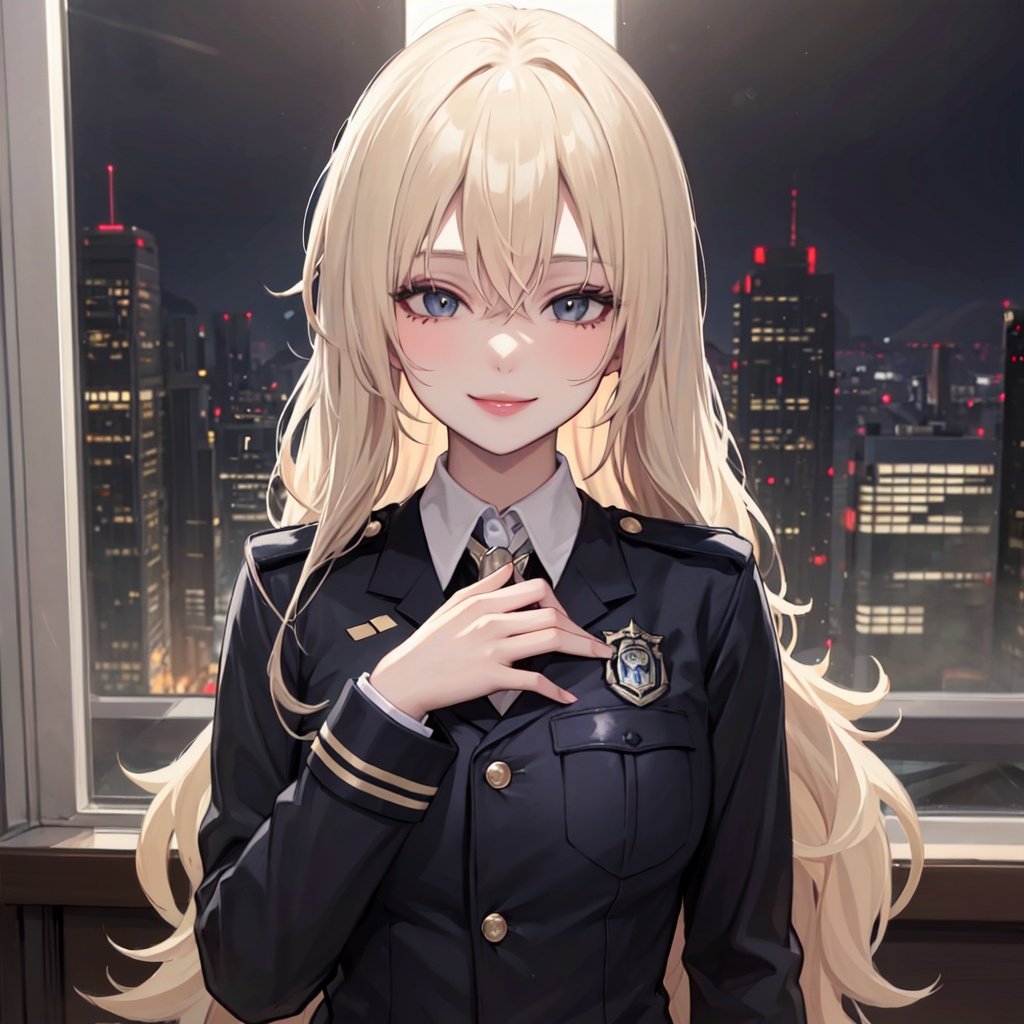 1girl,best quality,masterpiece,Fair skin,upper body,platinum blonde hair,in the room,facing_viewer,seductive smile,cityscape,police_uniform,black_pantyhose,