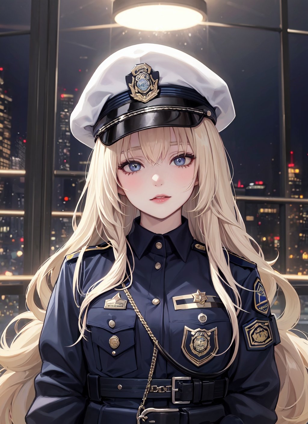 1girl,best quality,masterpiece,Fair skin,upper body,cop costume,police uniform,badge,crime-themed party,