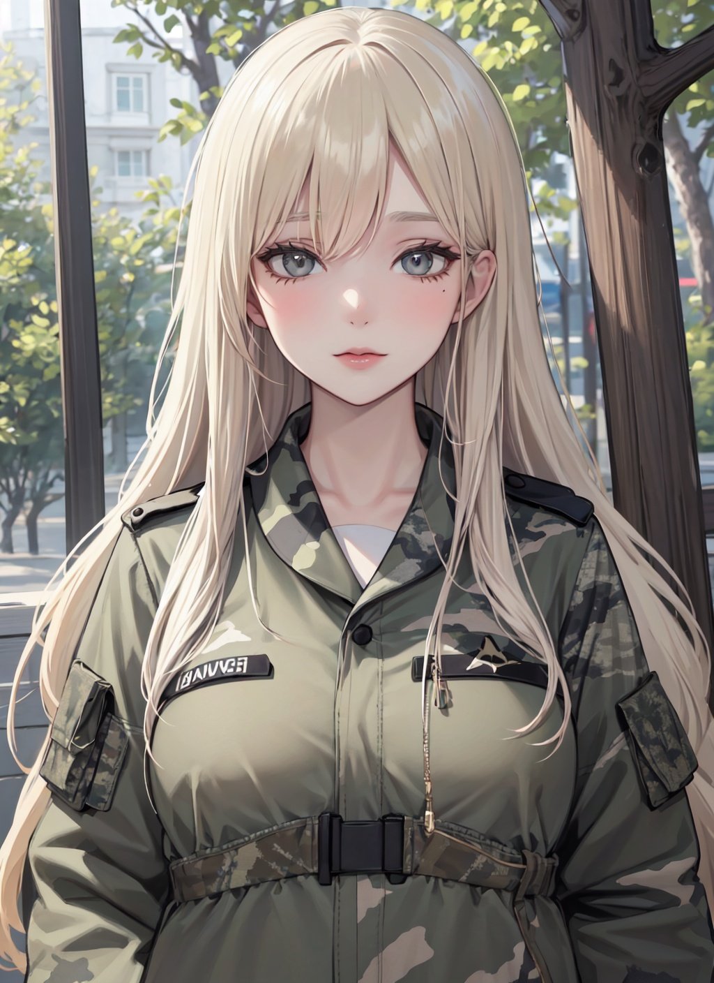 1girl,best quality,masterpiece,Fair skin,upper body,platinum blonde hair,long hair,facing_viewer,camo costume,camouflage pattern,military-inspired,outdoor adventure,