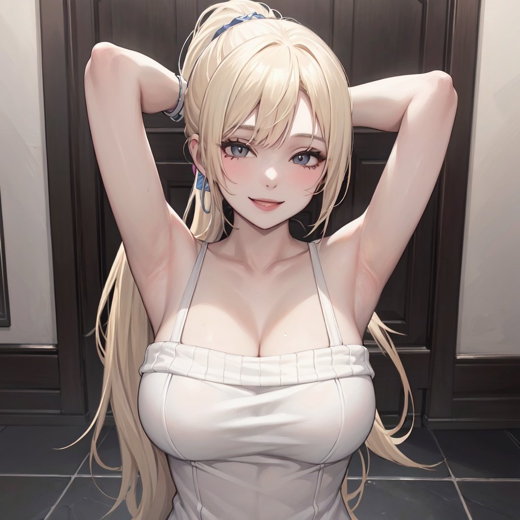 1girl,best quality,masterpiece,Fair skin,upper body,platinum blonde hair,smile,in the room,tile_floor,shorts,facing_viewer,off-shoulder_sweater,arms up,Exposing the armpitseiza,ponytail,