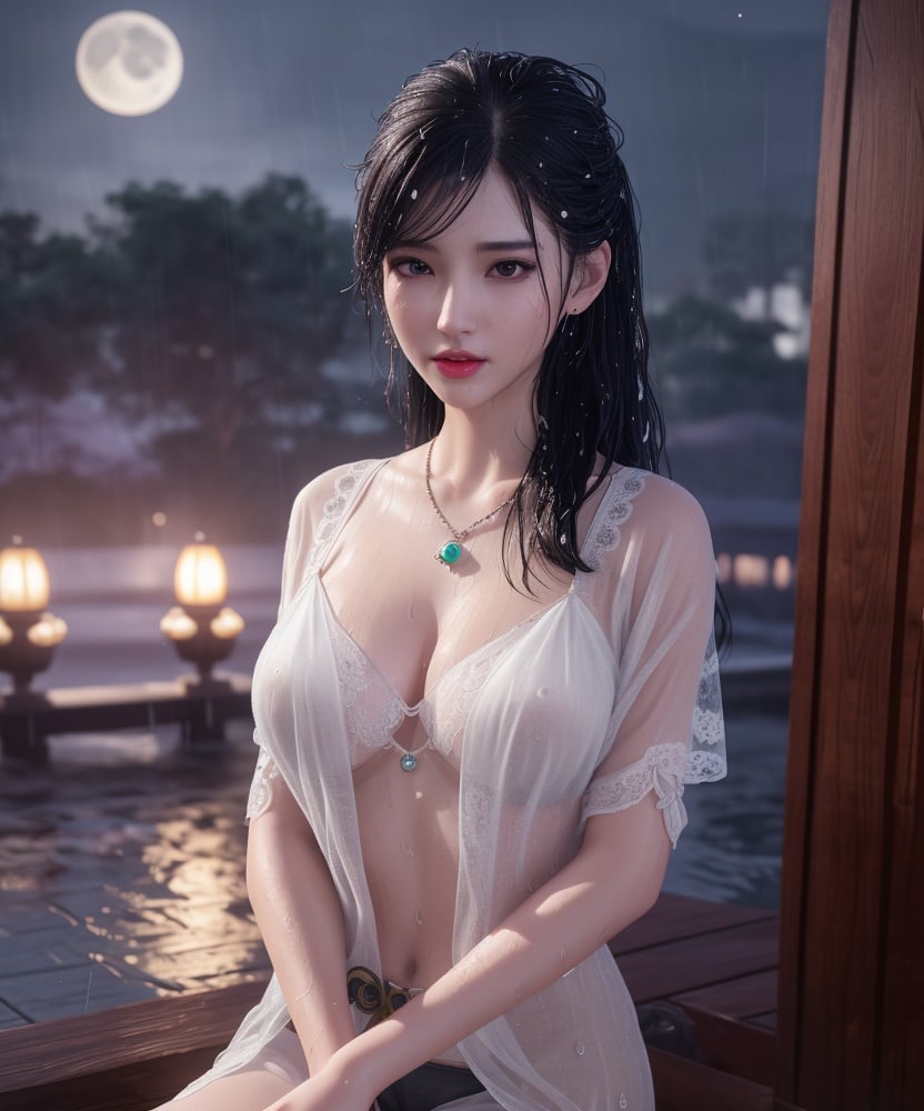 (,1girl, ,best quality, )<lora:DA_洛柔-冰火魔厨:0.7>,, ,ultra realistic 8k cg, flawless,  tamari \(flawless\), professional artwork, famous artwork, cinematic lighting, cinematic bloom, perfect face, beautiful face, fantasy, dreamlike, unreal, science fiction,  luxury, jewelry, diamond, pearl, gem, sapphire, ruby, emerald, intricate detail, delicate pattern, charming, alluring, seductive, erotic, enchanting, hair ornament, necklace, earrings, bracelet, armlet,halo,masterpiece, fantasy, realistic,science fiction,mole,  medium breasts,cherry blossoms,wet clothes,lace, lace trim,   lace-trimmed legwear,(((Best quality, masterpiece, ultra high res, (photorealistic:1.4), raw photo, 1girl, wet clothes, rain, sweat, ,wet, night, moon,  )))  (()), (),