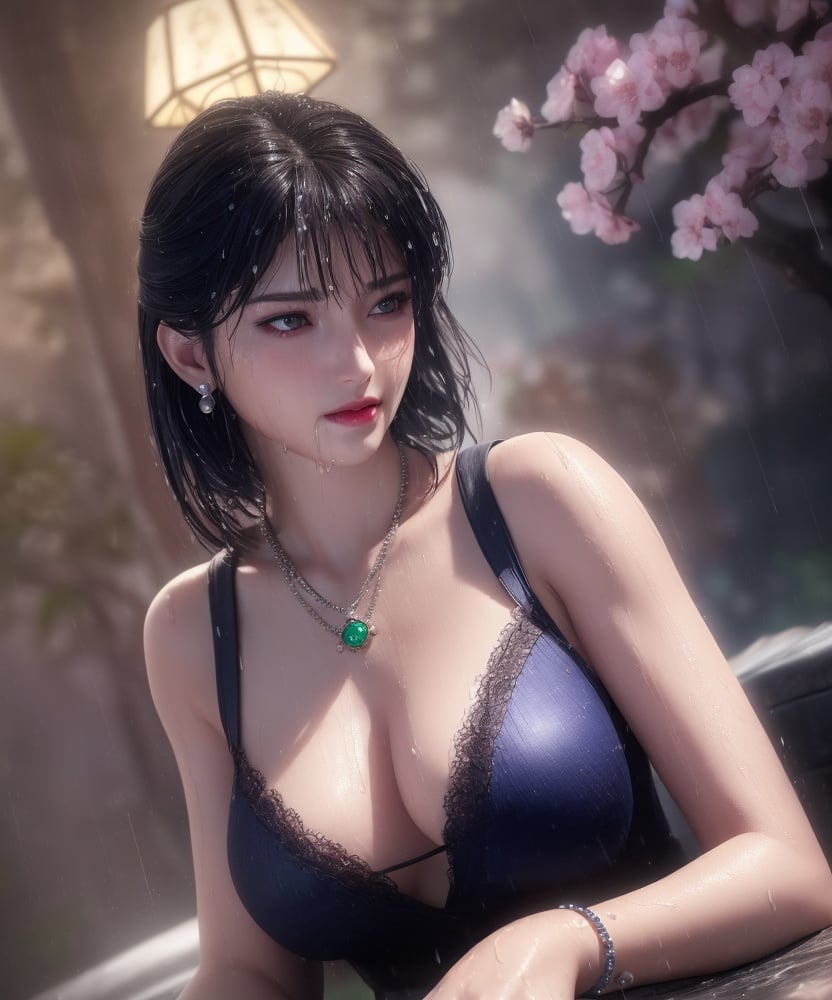 (,1girl, ,best quality, )<lora:DA_洛柔-冰火魔厨:0.8>,, ,ultra realistic 8k cg, flawless,  tamari \(flawless\), professional artwork, famous artwork, cinematic lighting, cinematic bloom, perfect face, beautiful face, fantasy, dreamlike, unreal, science fiction,  luxury, jewelry, diamond, pearl, gem, sapphire, ruby, emerald, intricate detail, delicate pattern, charming, alluring, seductive, erotic, enchanting, hair ornament, necklace, earrings, bracelet, armlet,halo,masterpiece, fantasy, realistic,science fiction,mole, ultra realistic 8k cg, ,tamari \(flawless\),  medium breasts,cherry blossoms,wet clothes,lace, lace trim,   lace-trimmed legwear,(((Best quality, masterpiece, ultra high res, (photorealistic:1.4), raw photo, 1girl, wet clothes, rain, sweat, ,wet, )))   (()), (),