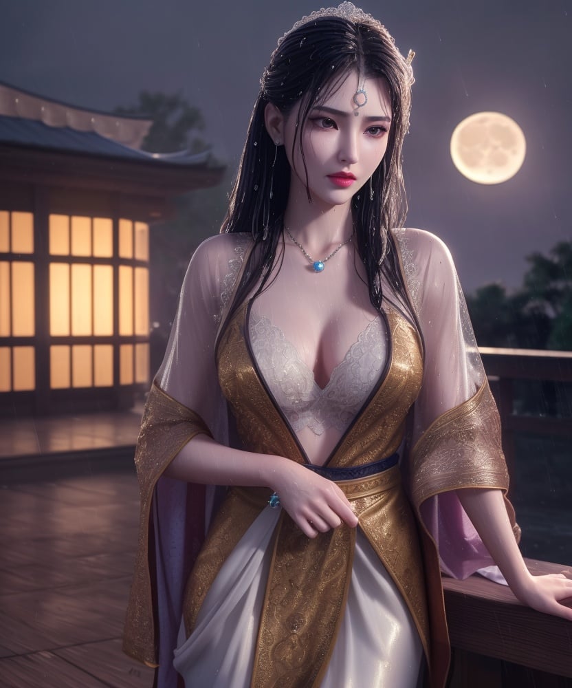 (,1girl, ,best quality, )<lora:DA_洛柔-冰火魔厨:0.7>,, ,ultra realistic 8k cg, flawless,  tamari \(flawless\), professional artwork, famous artwork, cinematic lighting, cinematic bloom, perfect face, beautiful face, fantasy, dreamlike, unreal, science fiction,  luxury, jewelry, diamond, pearl, gem, sapphire, ruby, emerald, intricate detail, delicate pattern, charming, alluring, seductive, erotic, enchanting, hair ornament, necklace, earrings, bracelet, armlet,halo,masterpiece, fantasy, realistic,science fiction,mole,  medium breasts,cherry blossoms,wet clothes,lace, lace trim,   lace-trimmed legwear,(((Best quality, masterpiece, ultra high res, (photorealistic:1.4), raw photo, 1girl, wet clothes, rain, sweat, ,wet, night, moon,  )))  (()), (),