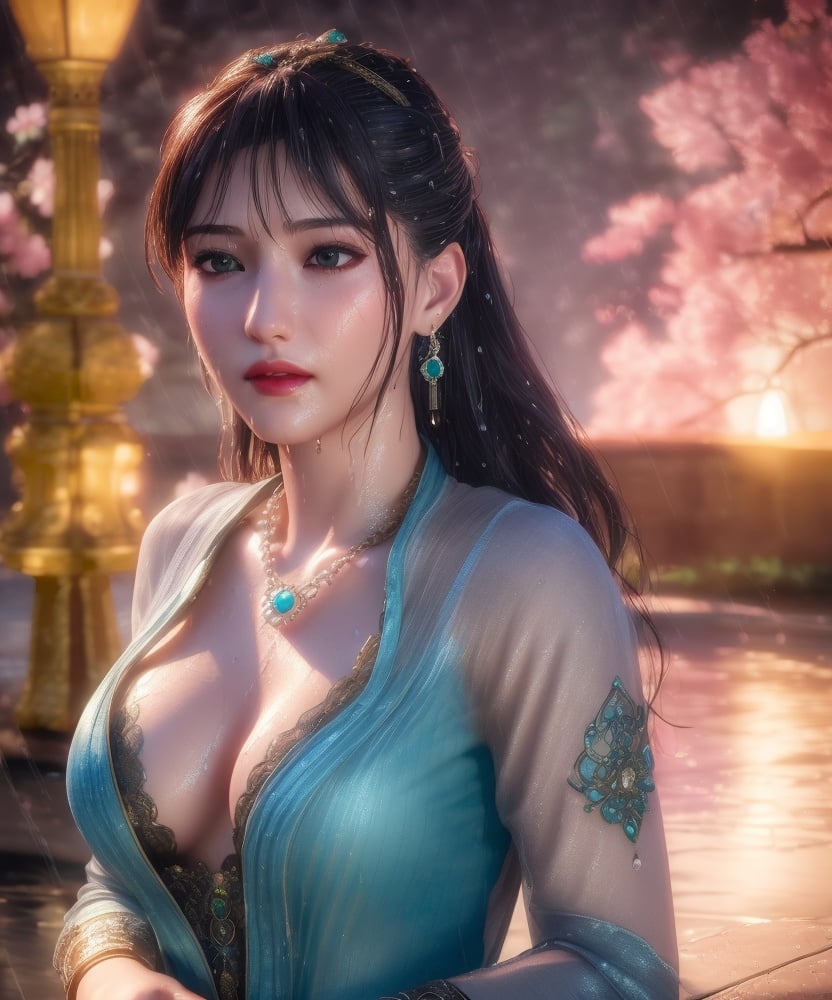 (,1girl, ,best quality, )<lora:DA_洛柔-冰火魔厨:0.8>,, ,ultra realistic 8k cg, flawless,  tamari \(flawless\), professional artwork, famous artwork, cinematic lighting, cinematic bloom, perfect face, beautiful face, fantasy, dreamlike, unreal, science fiction,  luxury, jewelry, diamond, pearl, gem, sapphire, ruby, emerald, intricate detail, delicate pattern, charming, alluring, seductive, erotic, enchanting, hair ornament, necklace, earrings, bracelet, armlet,halo,masterpiece, fantasy, realistic,science fiction,mole, ultra realistic 8k cg, ,tamari \(flawless\),  medium breasts,cherry blossoms,wet clothes,lace, lace trim,   lace-trimmed legwear,(((Best quality, masterpiece, ultra high res, (photorealistic:1.4), raw photo, 1girl, wet clothes, rain, sweat, ,wet, )))   (()), (),