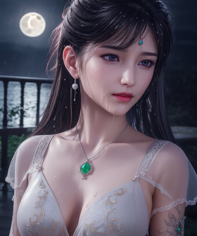 (,1girl, ,best quality, )<lora:DA_洛柔-冰火魔厨:0.7>,, ,ultra realistic 8k cg, flawless,  tamari \(flawless\), professional artwork, famous artwork, cinematic lighting, cinematic bloom, perfect face, beautiful face, fantasy, dreamlike, unreal, science fiction,  luxury, jewelry, diamond, pearl, gem, sapphire, ruby, emerald, intricate detail, delicate pattern, charming, alluring, seductive, erotic, enchanting, hair ornament, necklace, earrings, bracelet, armlet,halo,masterpiece, fantasy, realistic,science fiction,mole,  medium breasts,cherry blossoms,wet clothes,lace, lace trim,   lace-trimmed legwear,(((Best quality, masterpiece, ultra high res, (photorealistic:1.4), raw photo, 1girl, wet clothes, rain, sweat, ,wet, night, moon,  )))  (()), (),