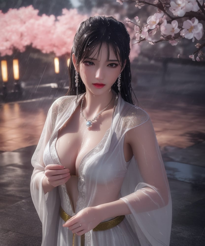 (,1girl, ,best quality, )<lora:DA_洛柔-冰火魔厨:0.8>,, ,ultra realistic 8k cg, flawless,  tamari \(flawless\), professional artwork, famous artwork, cinematic lighting, cinematic bloom, perfect face, beautiful face, fantasy, dreamlike, unreal, science fiction,  luxury, jewelry, diamond, pearl, gem, sapphire, ruby, emerald, intricate detail, delicate pattern, charming, alluring, seductive, erotic, enchanting, hair ornament, necklace, earrings, bracelet, armlet,halo,masterpiece, fantasy, realistic,science fiction,mole, ultra realistic 8k cg, ,tamari \(flawless\),  medium breasts,cherry blossoms,wet clothes,lace, lace trim,   lace-trimmed legwear,(((Best quality, masterpiece, ultra high res, (photorealistic:1.4), raw photo, 1girl, wet clothes, rain, sweat, ,wet, )))   (()), (),